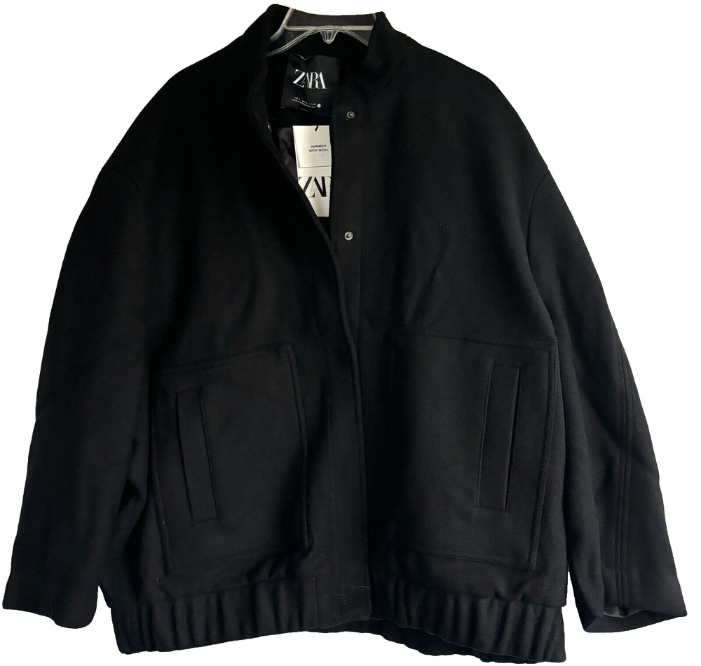 NWT Zara Black Oversized Bomber Wool Blend Jacket Sz Large
